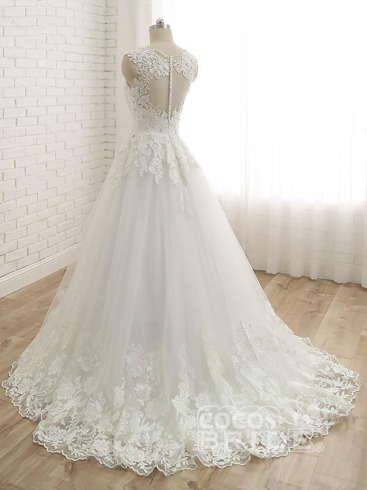 Elegant Long A-line V-Neck Lace Tulle Lace Wedding Dresses
