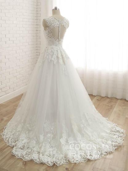 Elegant Long A-line V-Neck Lace Tulle Lace Wedding Dresses