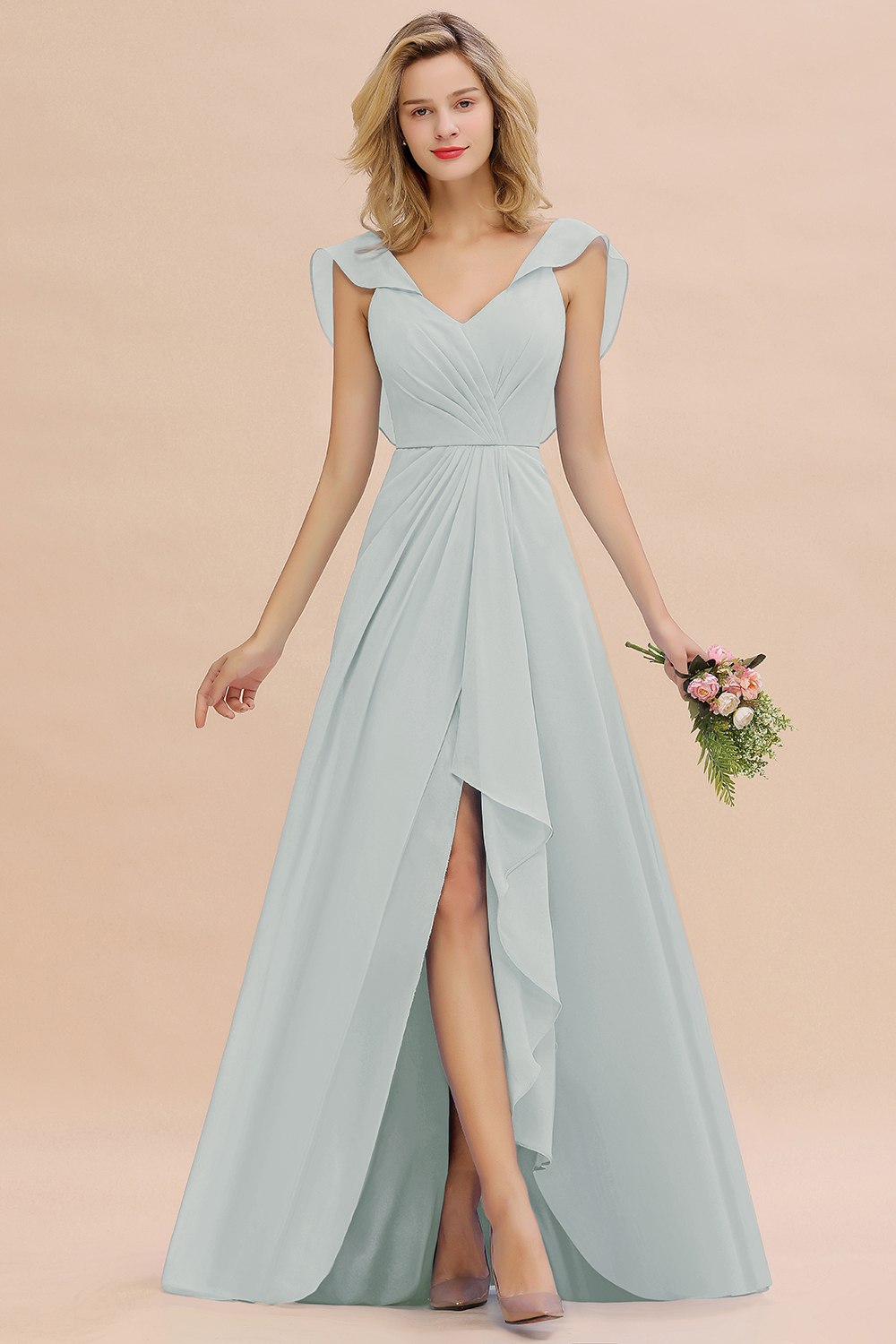 BM0777 Simple Hi-Lo V-Neck Ruffles Long Bridesmaid Dress