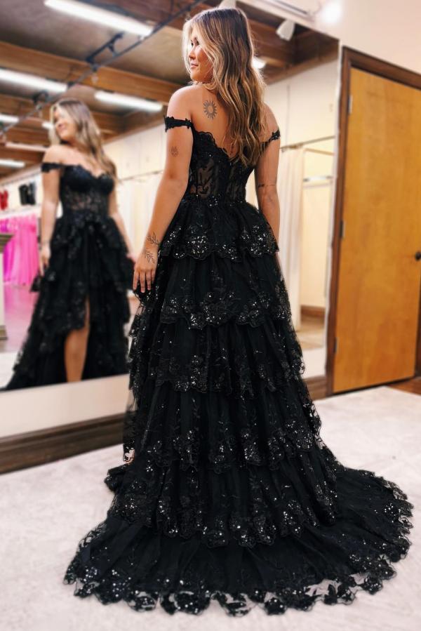 Black Long A-line Off The Shoulder Tulle Lace Prom Dresses with Slit