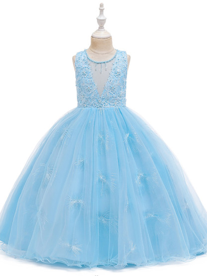 A-Line Medium Length Wedding / Party / First Communion Flower Girl Dresses - Tulle / Matte Satin / Poly&Cotton Blend Sleeveless Jewel Neck With Lace / Beading / Solid