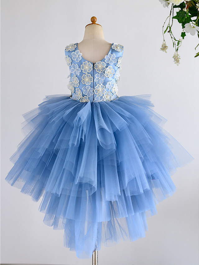 Ball Gown Asymmetrical Wedding / Birthday / Pageant Flower Girl Dresses - Satin / Tulle Sleeveless Jewel Neck With Petal / Pearls
