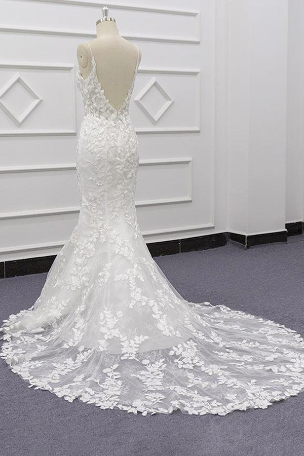 Long Sweetheart Spaghetti Strap Appliques Lace Mermaid Wedding Dress