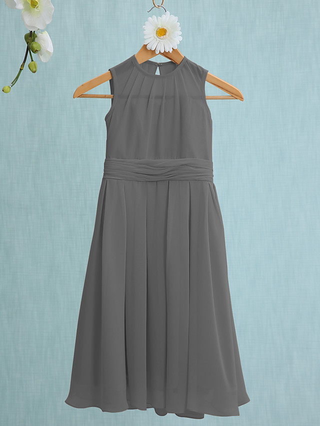 Sky Blue Long A-line Jewel Neck Knee Length Chiffon Junior Bridesmaid Dress
