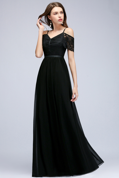 A-line Chiffon Lace V-Neck Off-the-shoulder Sleeveless Floor-Length Bridesmaid Dresses