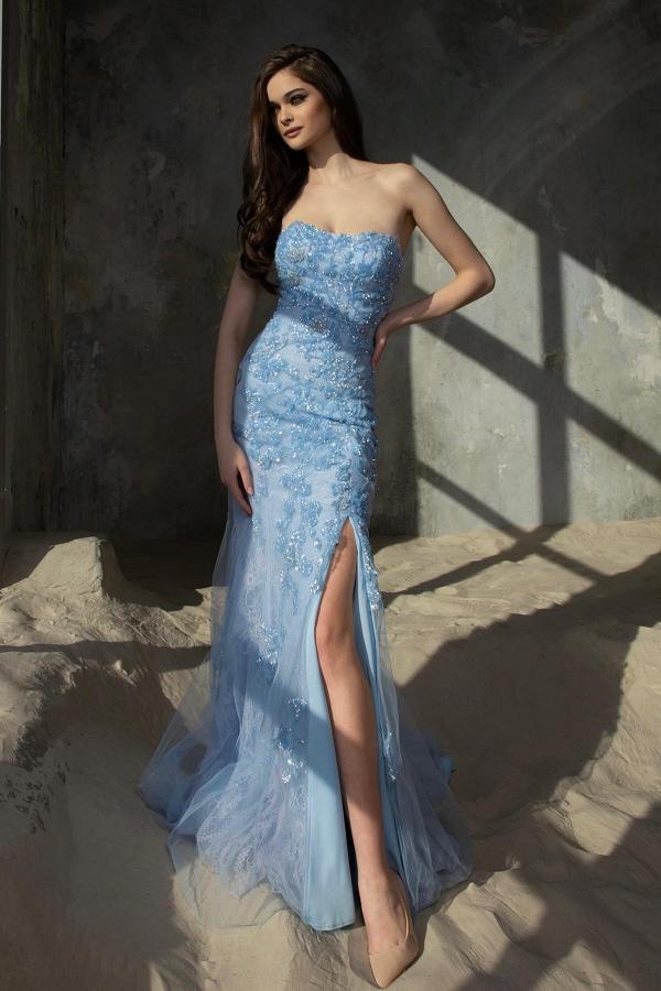 Elegant Blue Column Strapless Tulle High Split Long Beading Prom Dress with Appliques