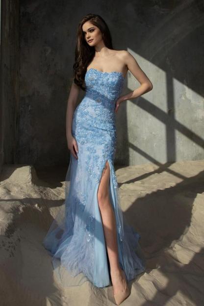 Elegant Blue Column Strapless Tulle High Split Long Beading Prom Dress with Appliques