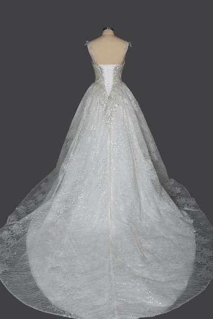 Long Straps Sequins Sweetheart Pleated Ball Gown Wedding Dresses