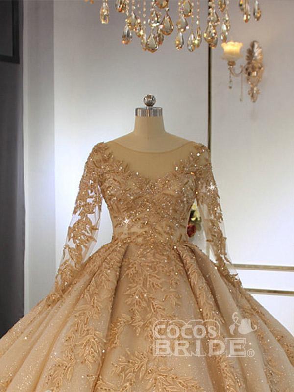 Long Sleeves Ball Gown Sweetheart Satin Lace Wedding Dresses with Long Train