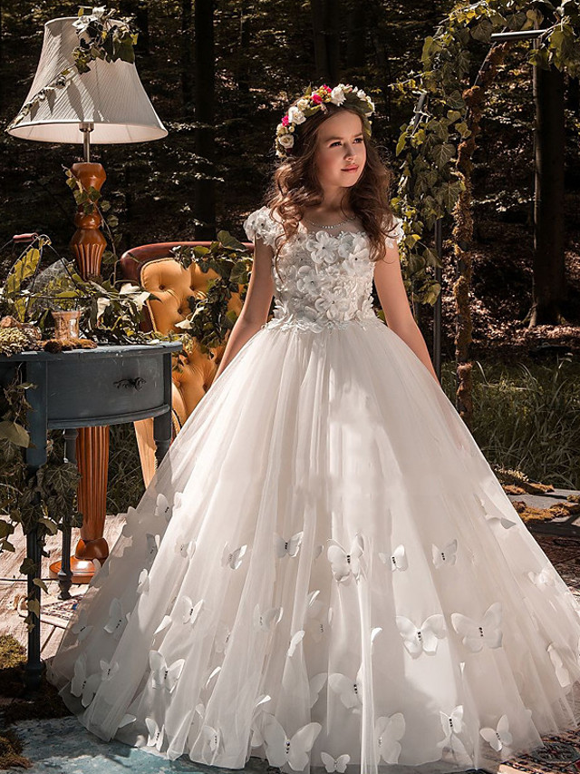 White Long A-line Jewel Neck Tulle Flower Girl Dresses with Appliques Lace