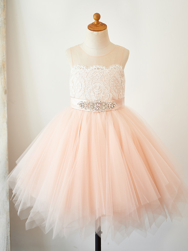 A-Line Knee Length Pageant Flower Girl Dresses - Lace / Tulle Sleeveless Jewel Neck With Lace / Sash / Ribbon