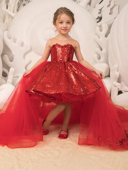 Cocosbride Red Ball Gown Tulle Sequin Sleeveless Flower Girl Dress with Train Front View