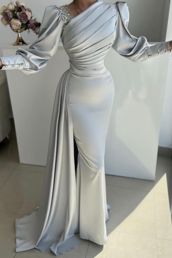 Long Sleeves Mermaid Floor Length Satin Prom Dress with Slit