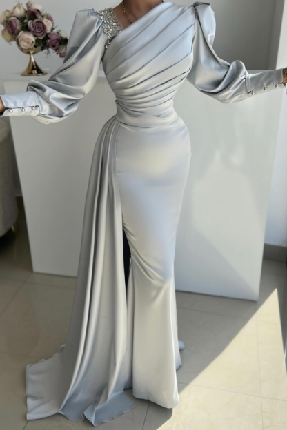 Long Sleeves Mermaid Floor Length Satin Prom Dress with Slit