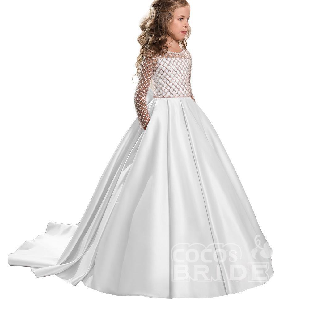 White Scoop Neck Long Sleeves Ball Gown Flower Girls Dress