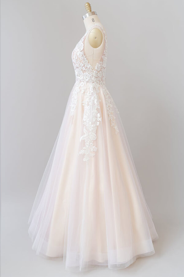 Long A-line V-neck Appliques Lace Tulle Floor length Wedding Dress
