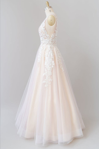 Long A-line V-neck Appliques Lace Tulle Floor length Wedding Dress