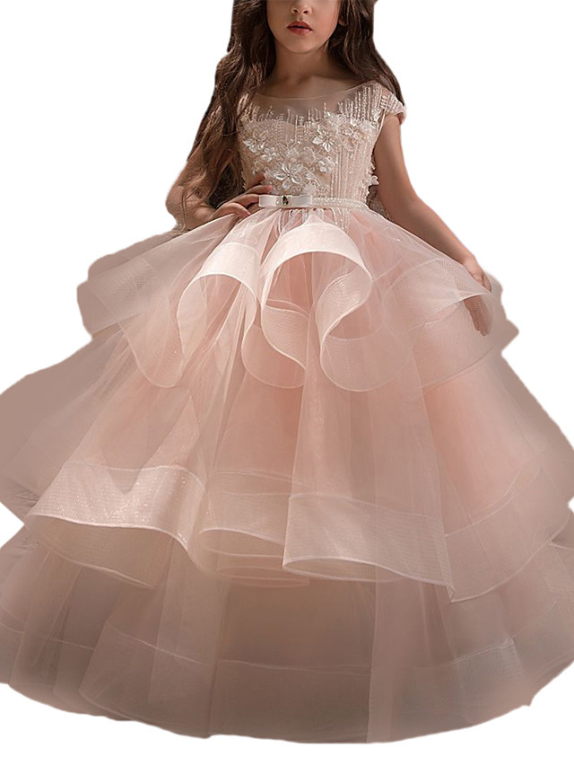 Ball Gown Tulle Short Sleeve Lace Pageant Flower Girl Dresses