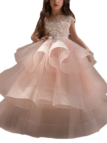 Ball Gown Tulle Short Sleeve Lace Pageant Flower Girl Dresses