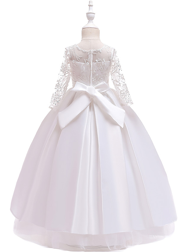 Princess Floor Length Wedding / Party / Pageant Flower Girl Dresses - Lace / Satin / Tulle Long Sleeve Jewel Neck With Lace / Belt / Crystals