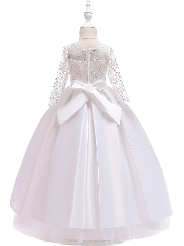Princess Floor Length Wedding / Party / Pageant Flower Girl Dresses - Lace / Satin / Tulle Long Sleeve Jewel Neck With Lace / Belt / Crystals