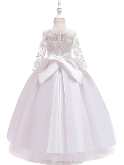 Princess Floor Length Wedding / Party / Pageant Flower Girl Dresses - Lace / Satin / Tulle Long Sleeve Jewel Neck With Lace / Belt / Crystals