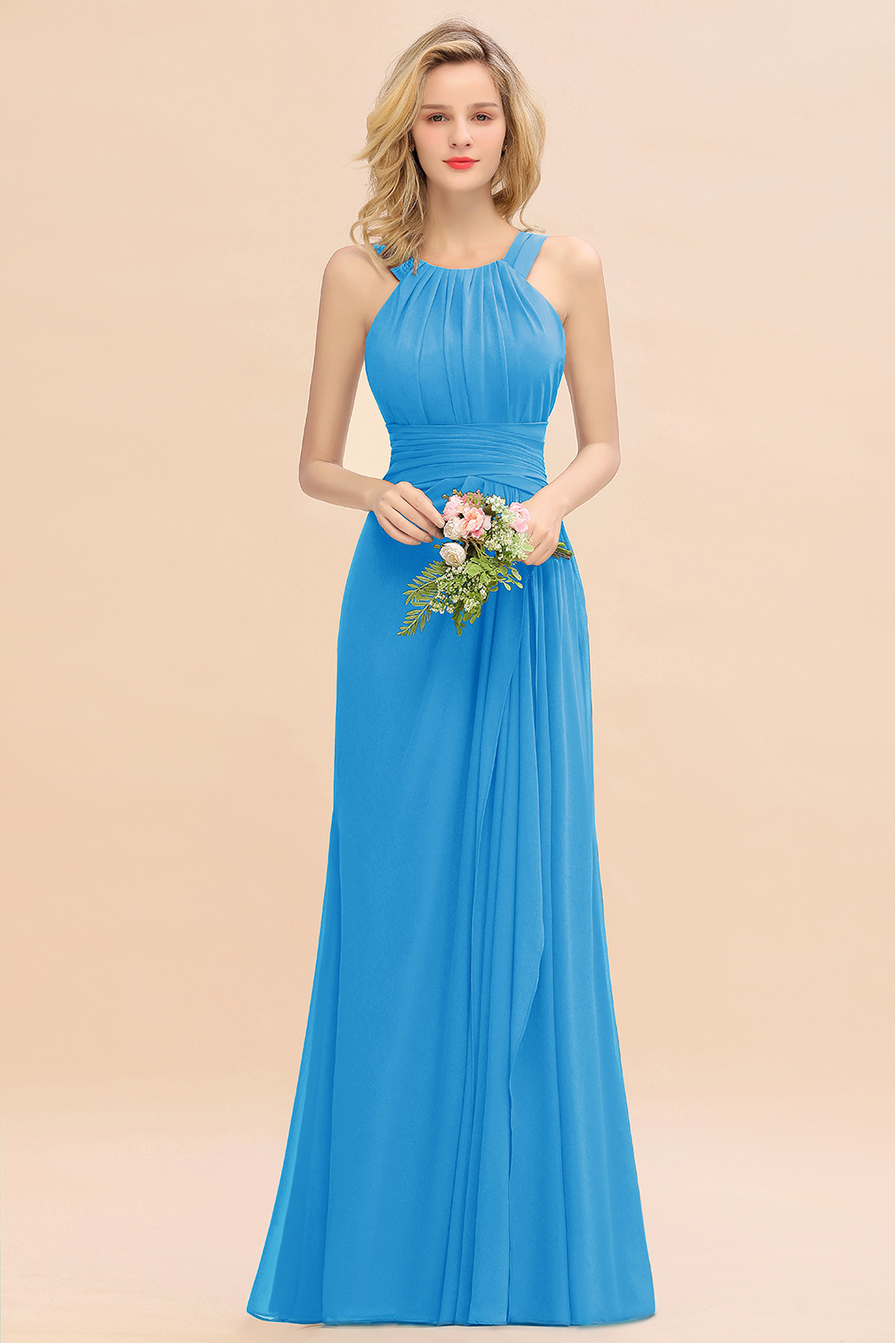 Long A-line Halter Chiffon Backless Floor-length Bridesmaid Dresses