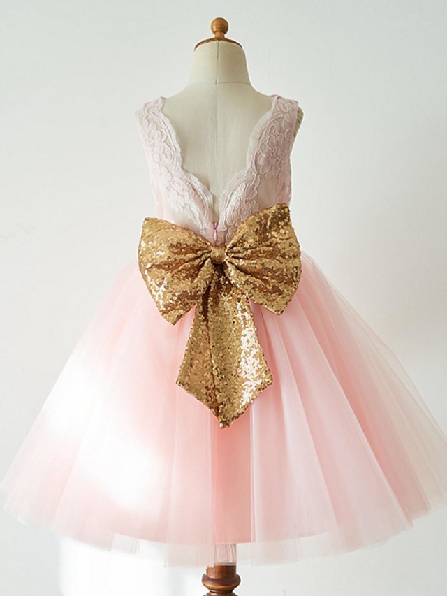 Ball Gown Knee Length Wedding / First Communion / Pageant Flower Girl Dresses - Lace / Tulle Sleeveless Jewel Neck With Bow(S)