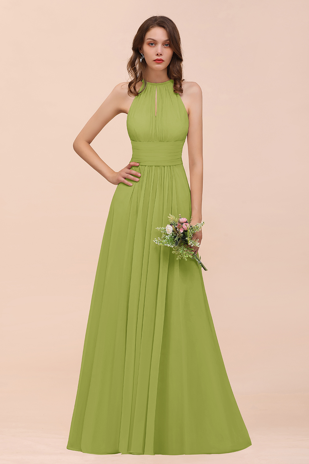 Elegant Long A-Line Jewel Ruffle Chiffon Champagne Bridesmaid Dress