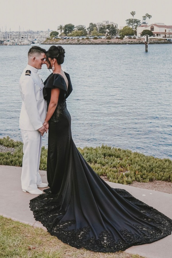 Black Long Mermaid Satin Front Slit Backless Wedding Dresses with Short Sleeves