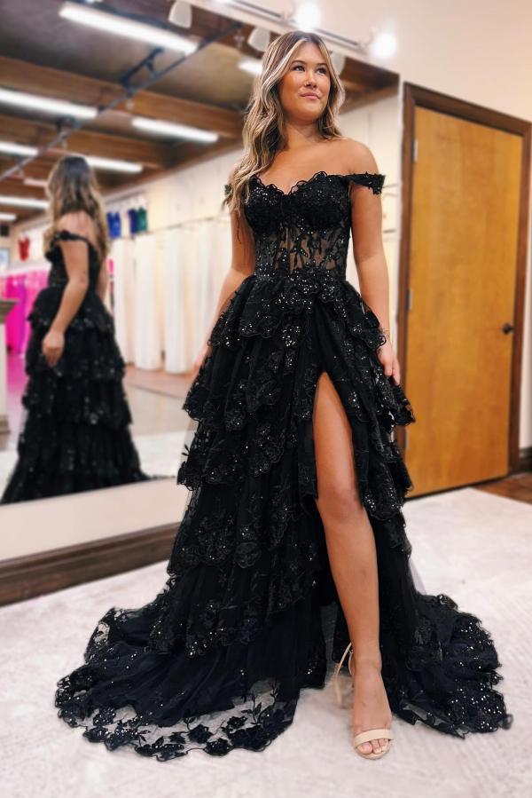 Black Long A-line Off The Shoulder Tulle Lace Prom Dresses with Slit