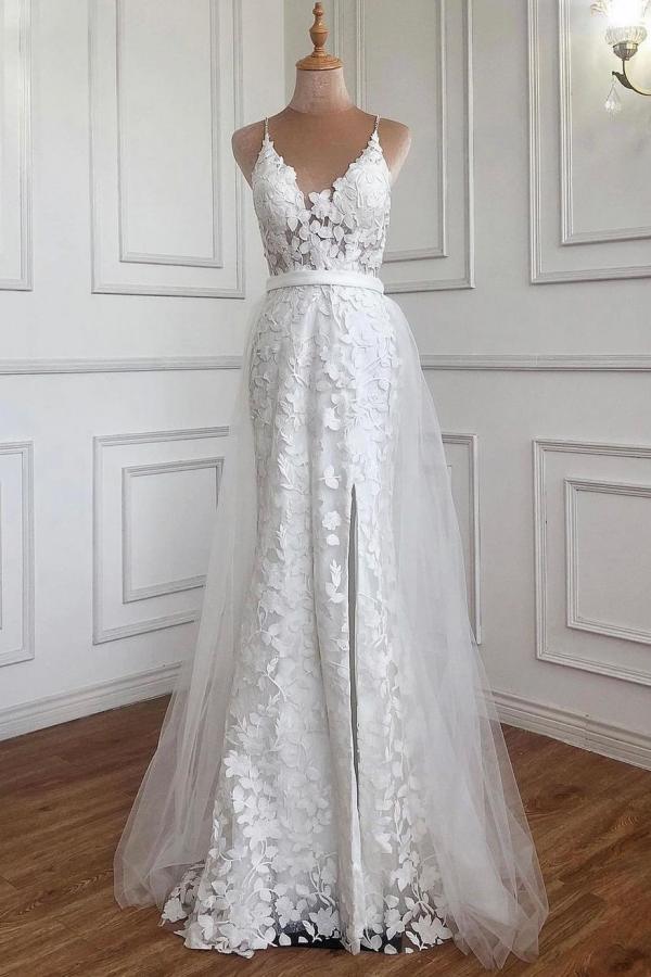 chinese dress ladies White Long A Line V Neck Tulle Backless Lace Prom Dress with Slit main image 1