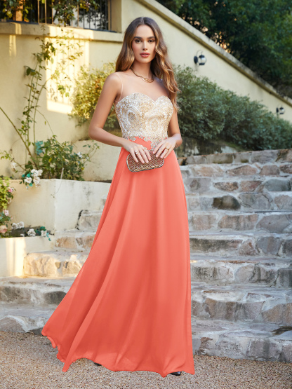 Elegant Long A-line Chiffon Sleeveless Tulle Lace Appliques Prom Dress