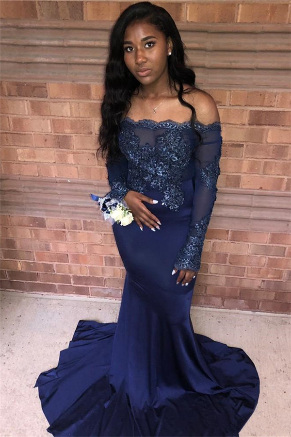 Dark Navy Long Off the Shoulder Appliques Lace Mermaid Prom Dress with Sleeves