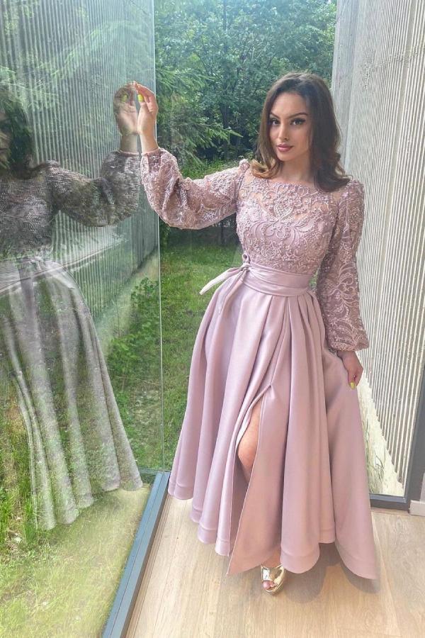 Elegant A-line Front Slit Stretch Satin Prom Dress with Sleeves