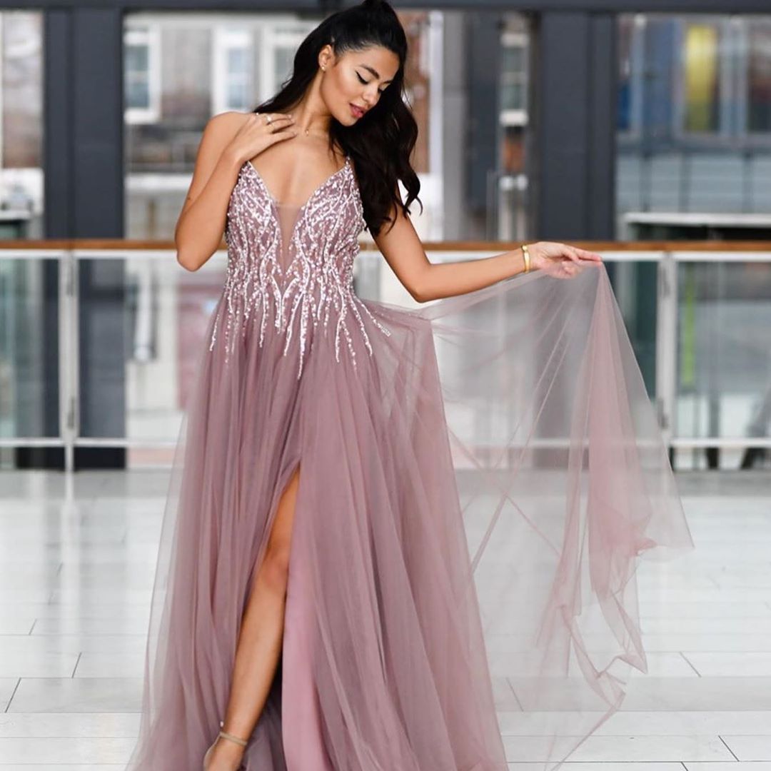 Long A-line V-neck Sparkle Sequined Criss-cross Back Prom Dress with Slit