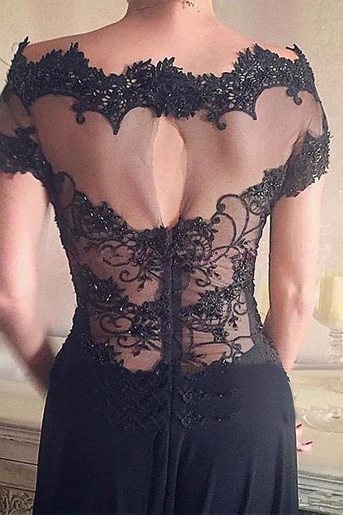 Amazing Black Off-the-shoulder Lace Floor-length Prom Dress WIth Side Slit