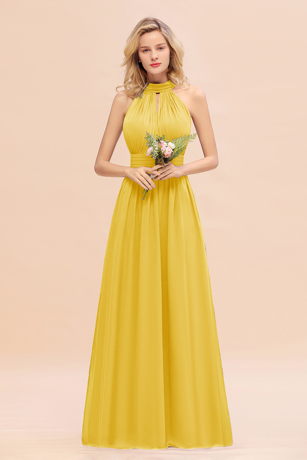 BM0758 Glamorous High-Neck Halter Bridesmaid Affordable Dresses with Ruffle