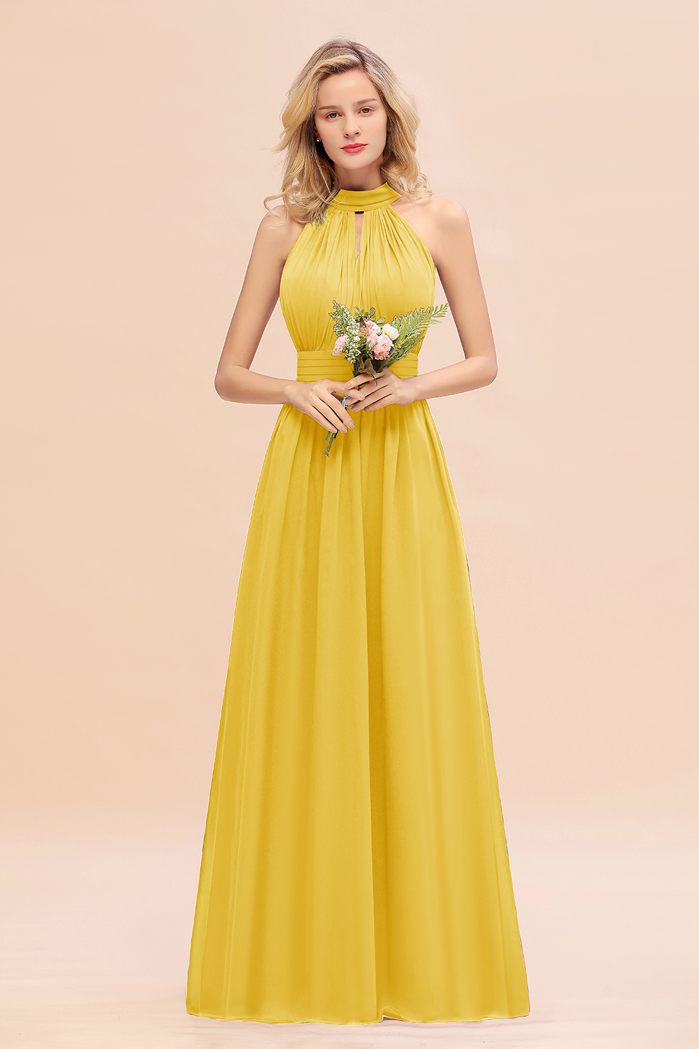 BM0758 Glamorous High-Neck Halter Bridesmaid Affordable Dresses with Ruffle