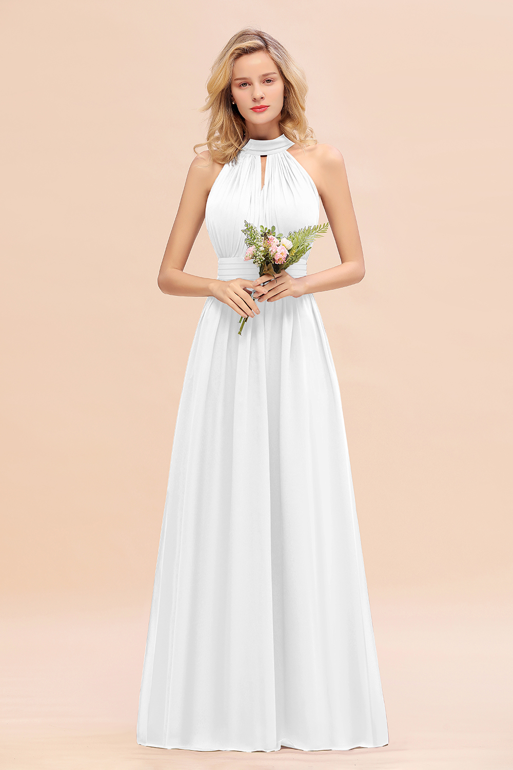 BM0758 Glamorous High-Neck Halter Bridesmaid Affordable Dresses with Ruffle