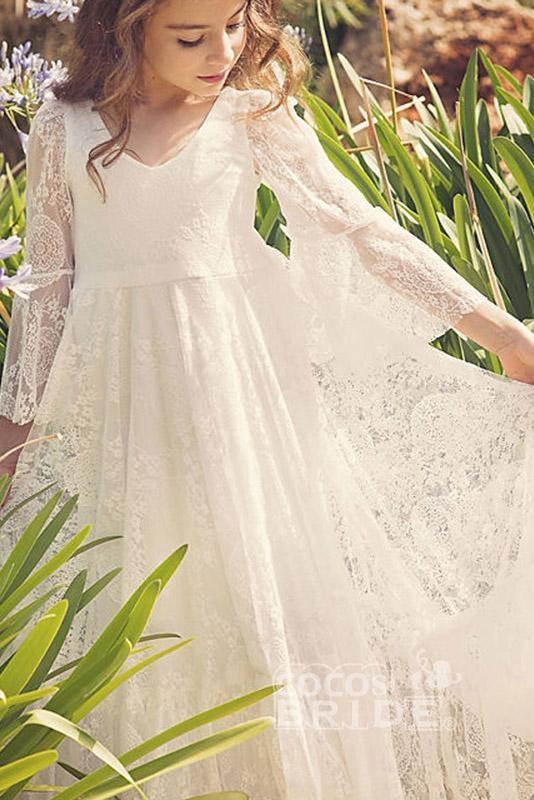 White Scoop Neck Long Sleeves Dress Flower Girls Dress