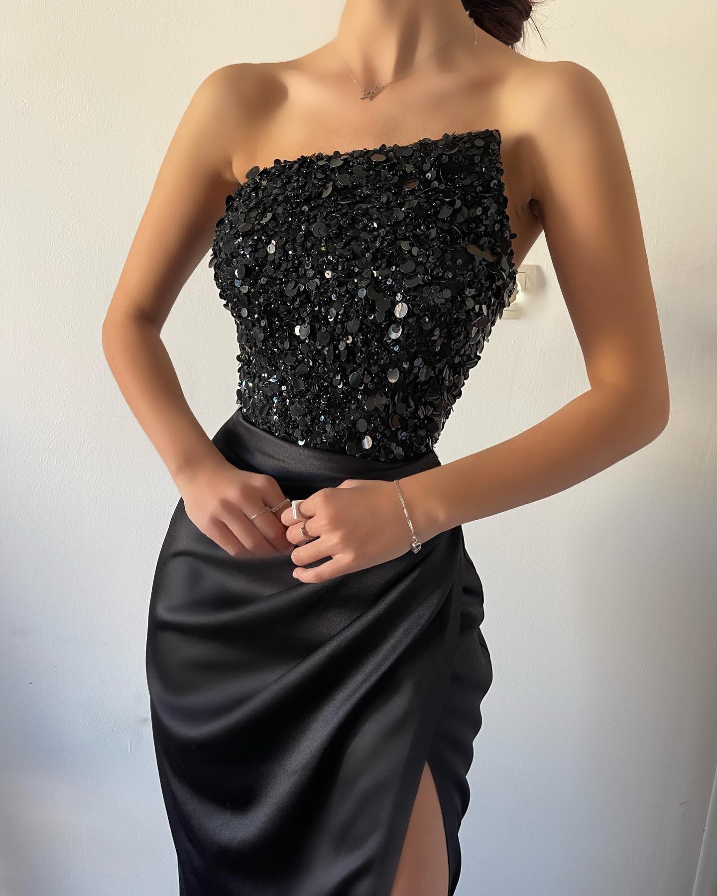 Simple Strapless Mermaid Satin Long Black Prom Dress with Split Front