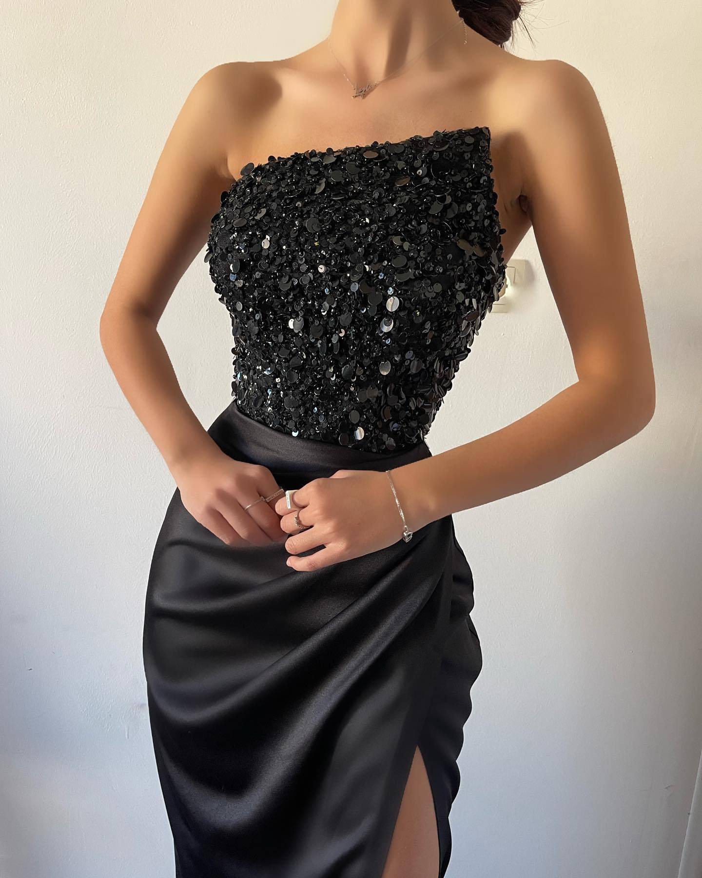 Simple Strapless Mermaid Satin Long Black Prom Dress with Split Front