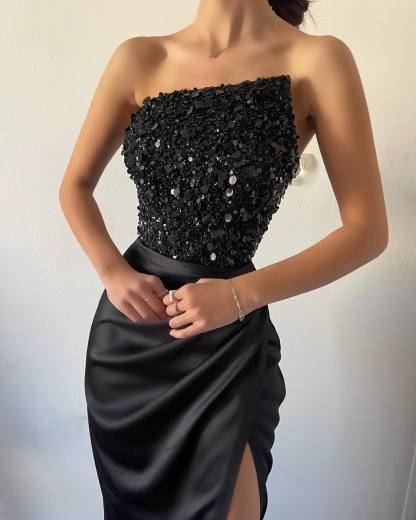 Simple Strapless Mermaid Satin Long Black Prom Dress with Split Front