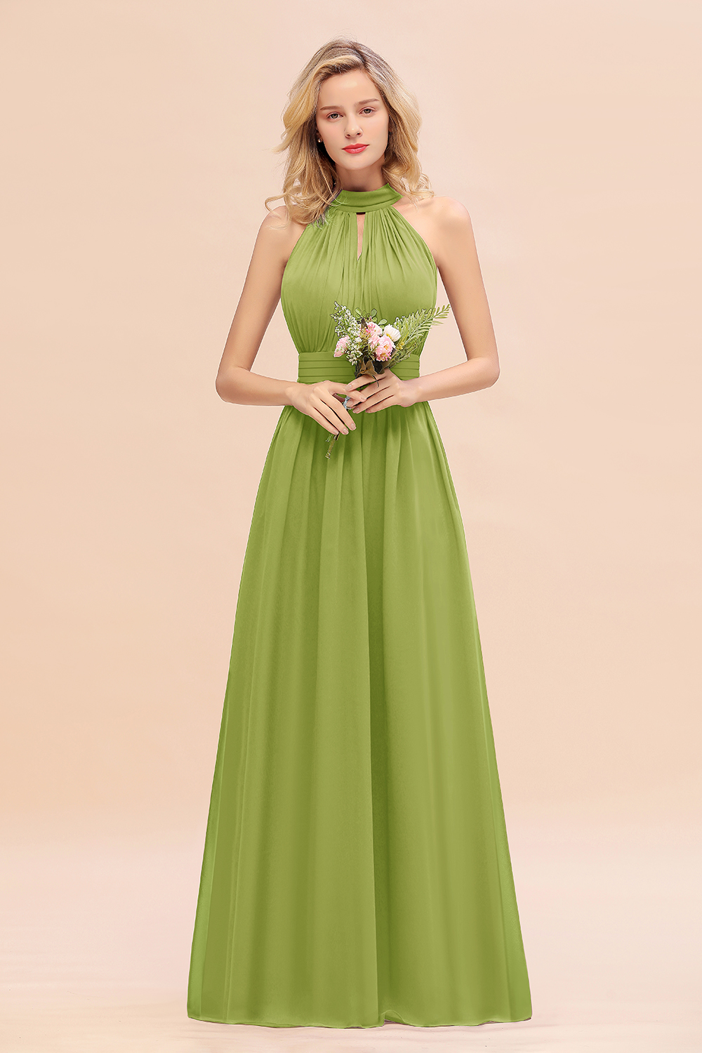 BM0758 Glamorous High-Neck Halter Bridesmaid Affordable Dresses with Ruffle