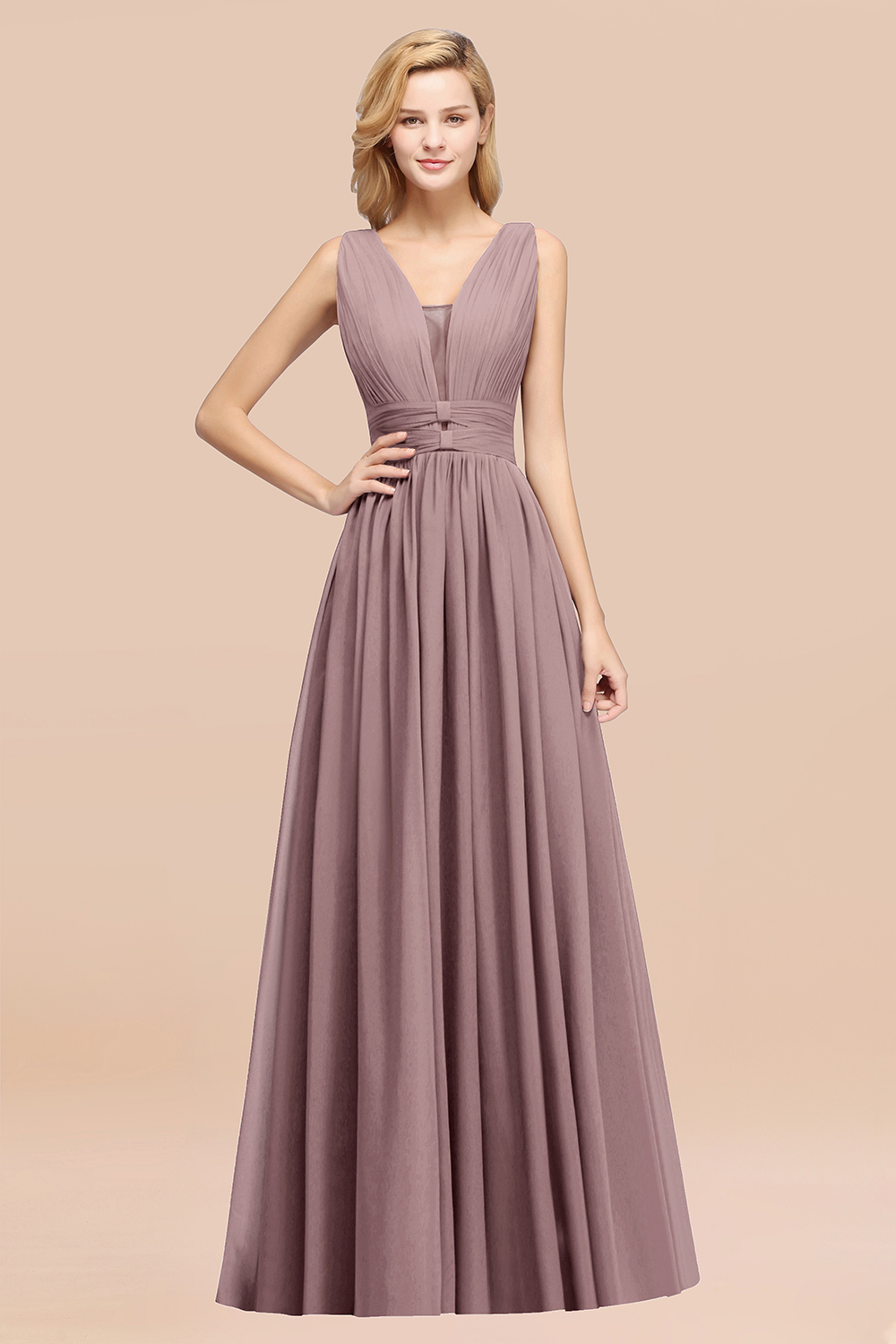 A-Line Chiffon V-Neck Sleeveless Long Bridesmaid Dress