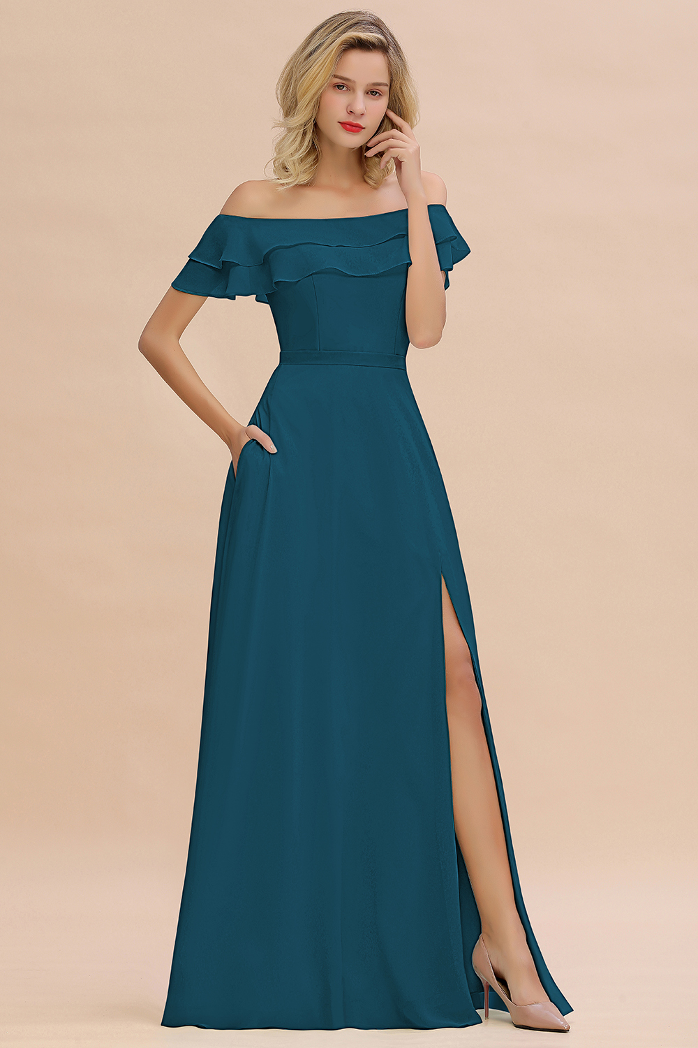 Off-the-Shoulder Front Slit Mint Green Long Bridesmaid Dress