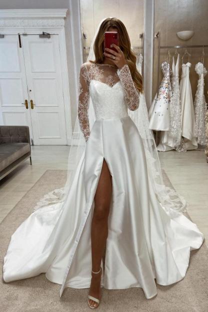 Long Sleeves A-line Sweetheart Satin Lace Front Slit Wedding Dresses with Pockets
