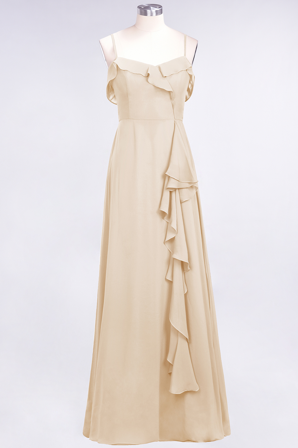 Spaghetti Straps A-Line Chiffon Backless Floor-length Prom Dress With Ruffles