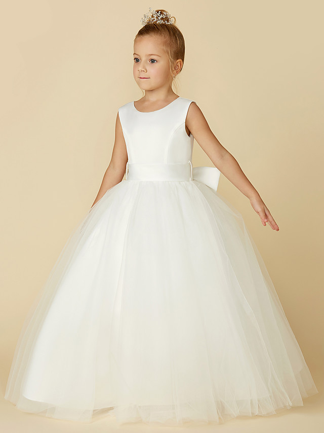 A-Line Floor Length Wedding / First Communion Flower Girl Dresses - Satin / Tulle Sleeveless Jewel Neck With Bow(S) / Buttons